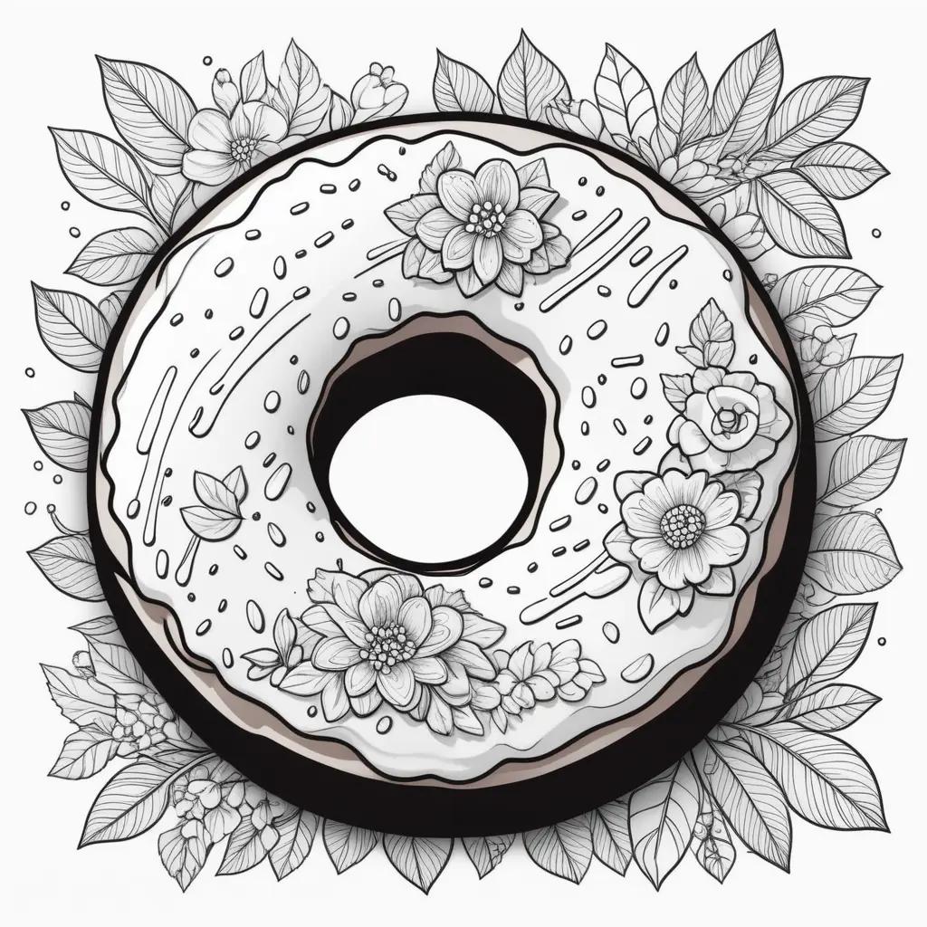 donut surrounded by leaves and flowers in a coloring page