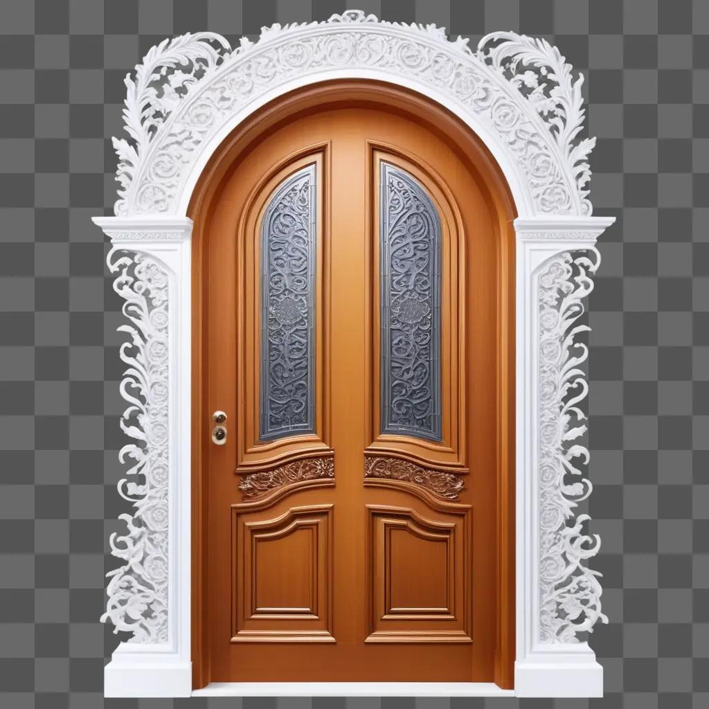 door with a white frame and a wooden door with a curved top