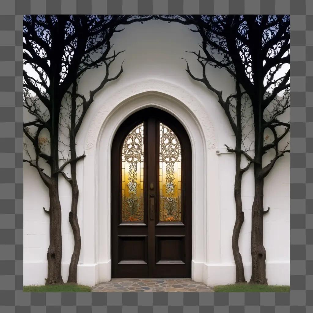 doorway framed by trees with stained glass windows