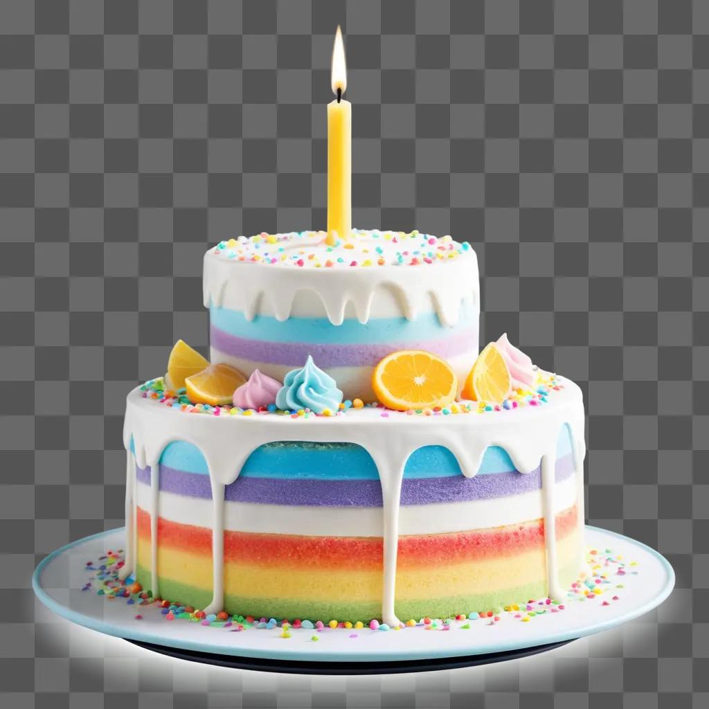 double layer birthday cake with colorful frosting and cake slices