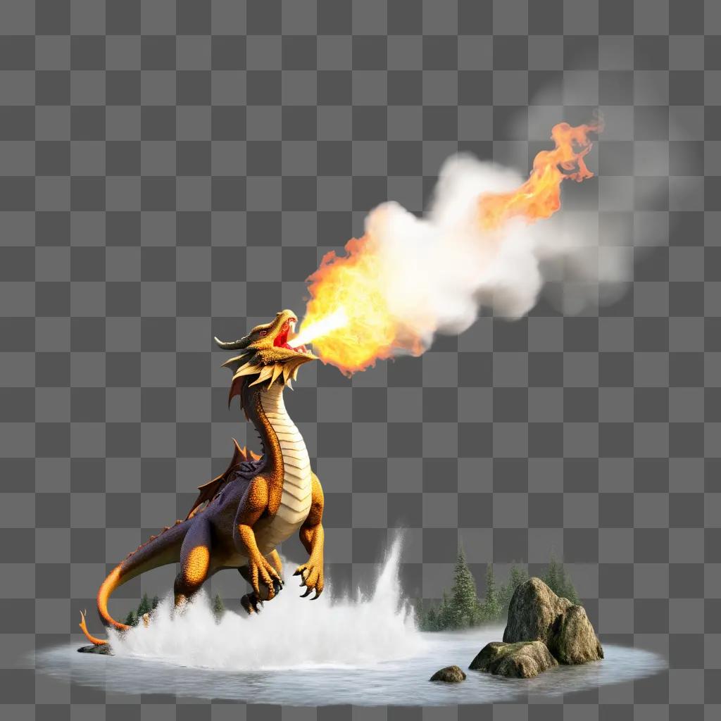 dragon breathes fire over the water