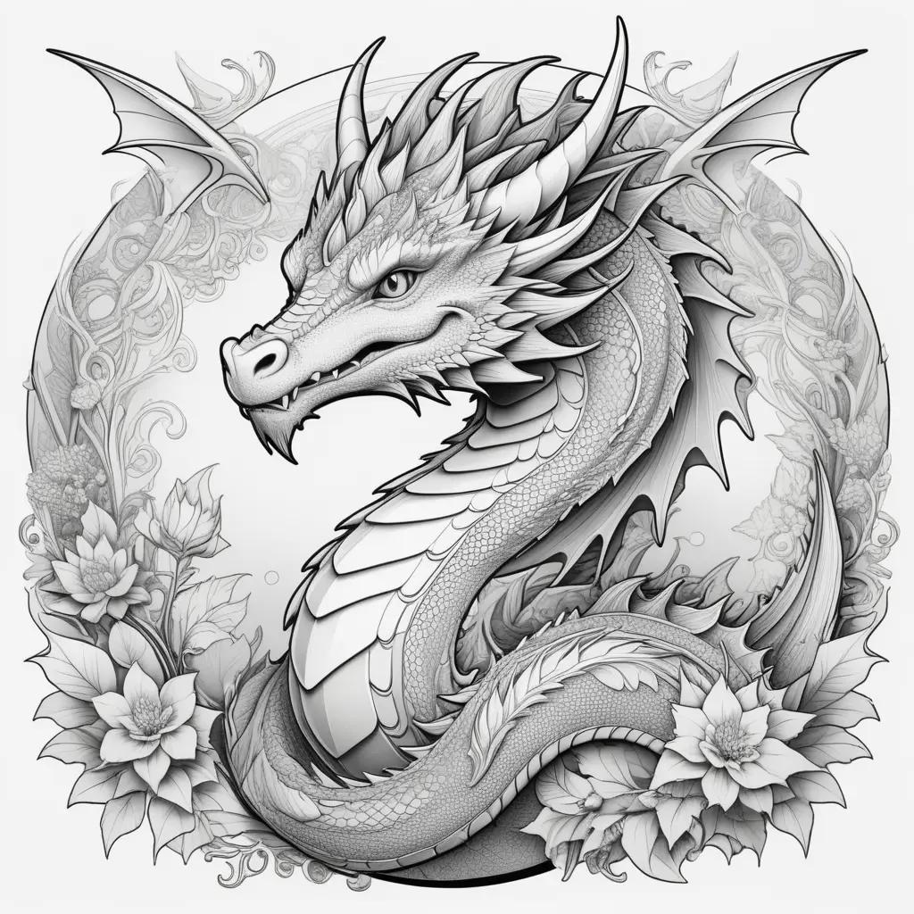 dragon coloring page in black and white