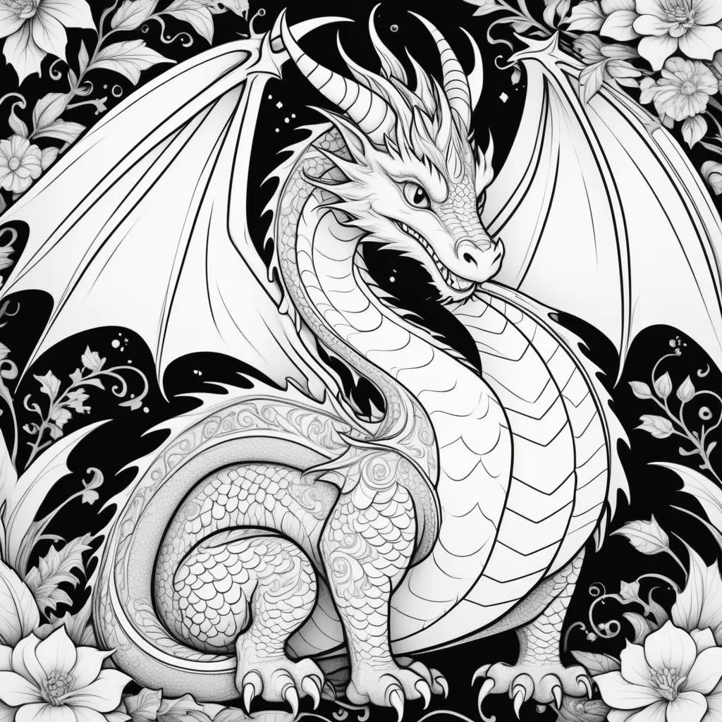 dragon coloring page with flowers and leaves