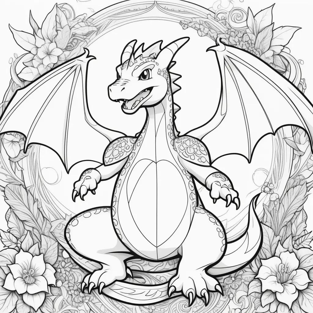 dragon coloring page with flowers in the background
