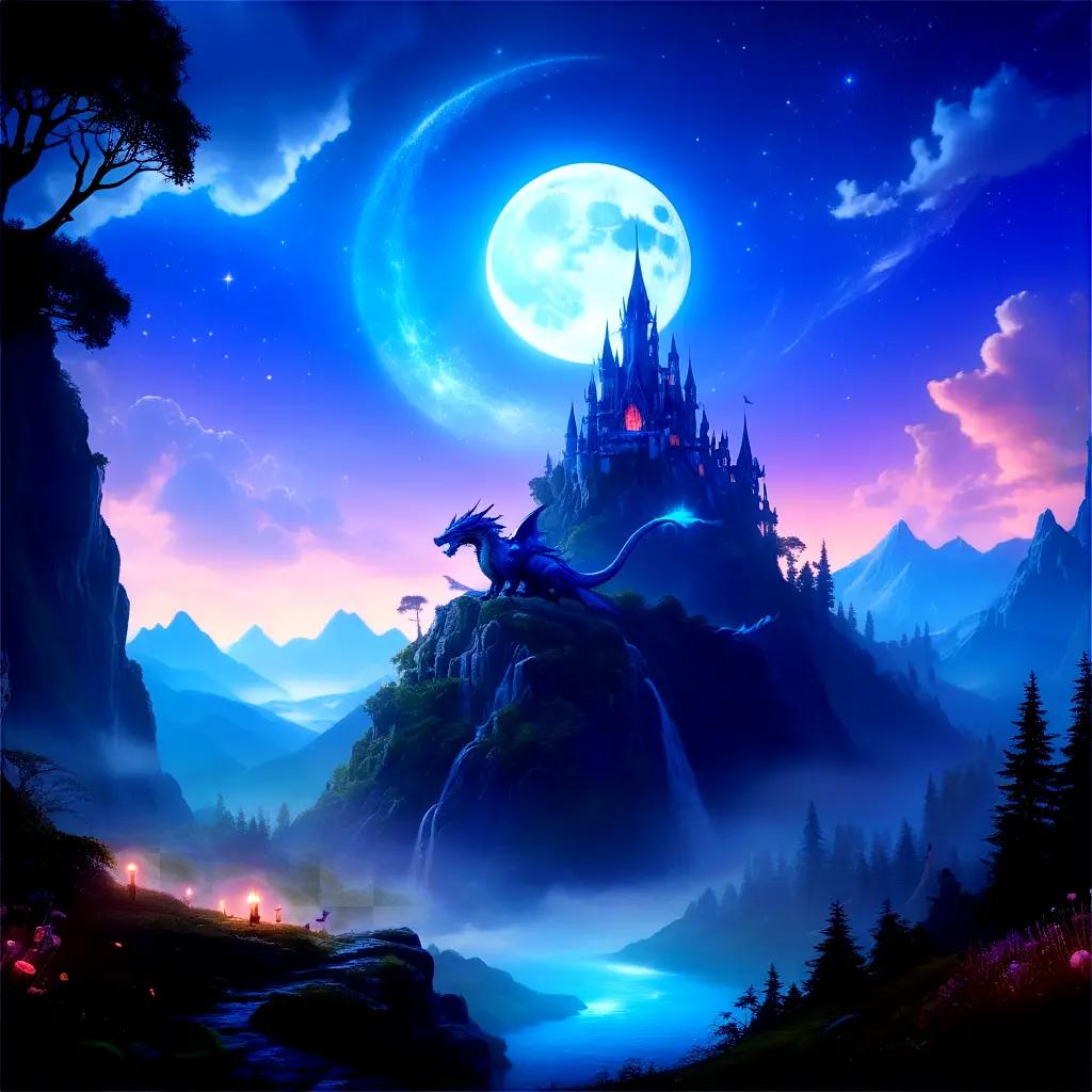 dragon in a fantasy landscape under a glowing moon