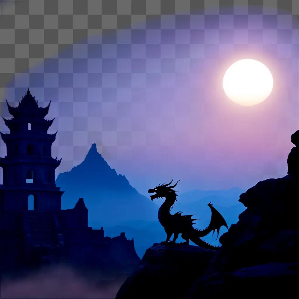 dragon stands atop a mountain with a moon in the background