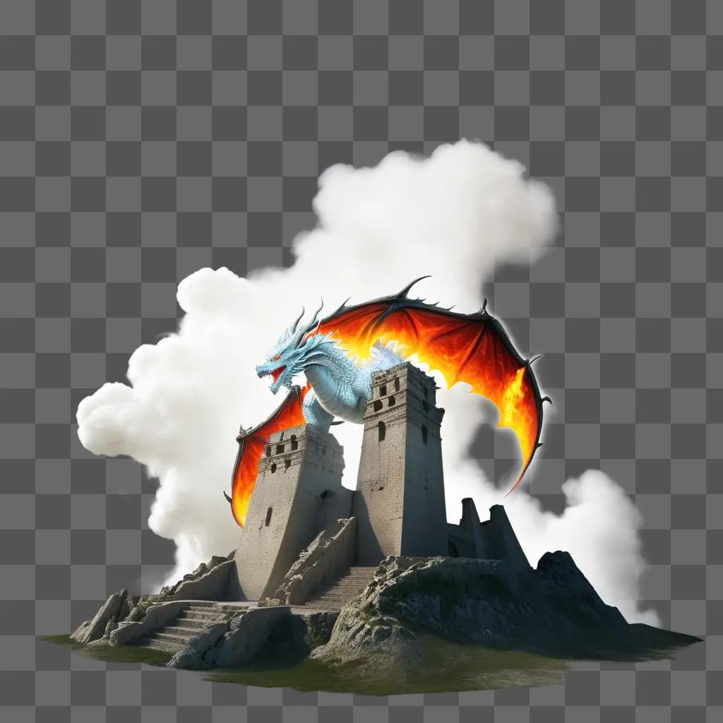 dragon with fire breath flies over a castle