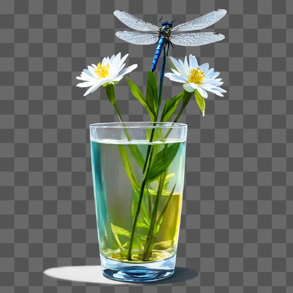 dragonfly drawing Dragonfly on water lily in glass vase