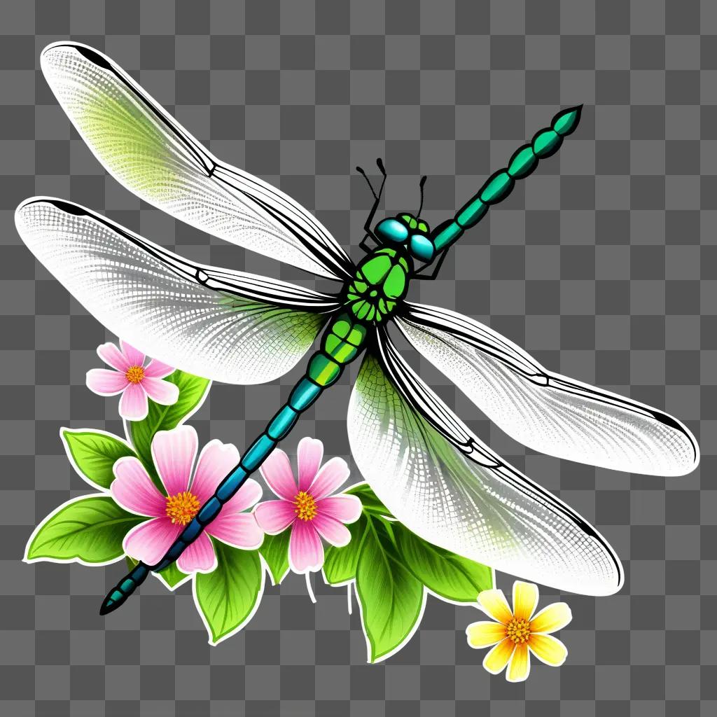 dragonfly drawing on a green background with flowers