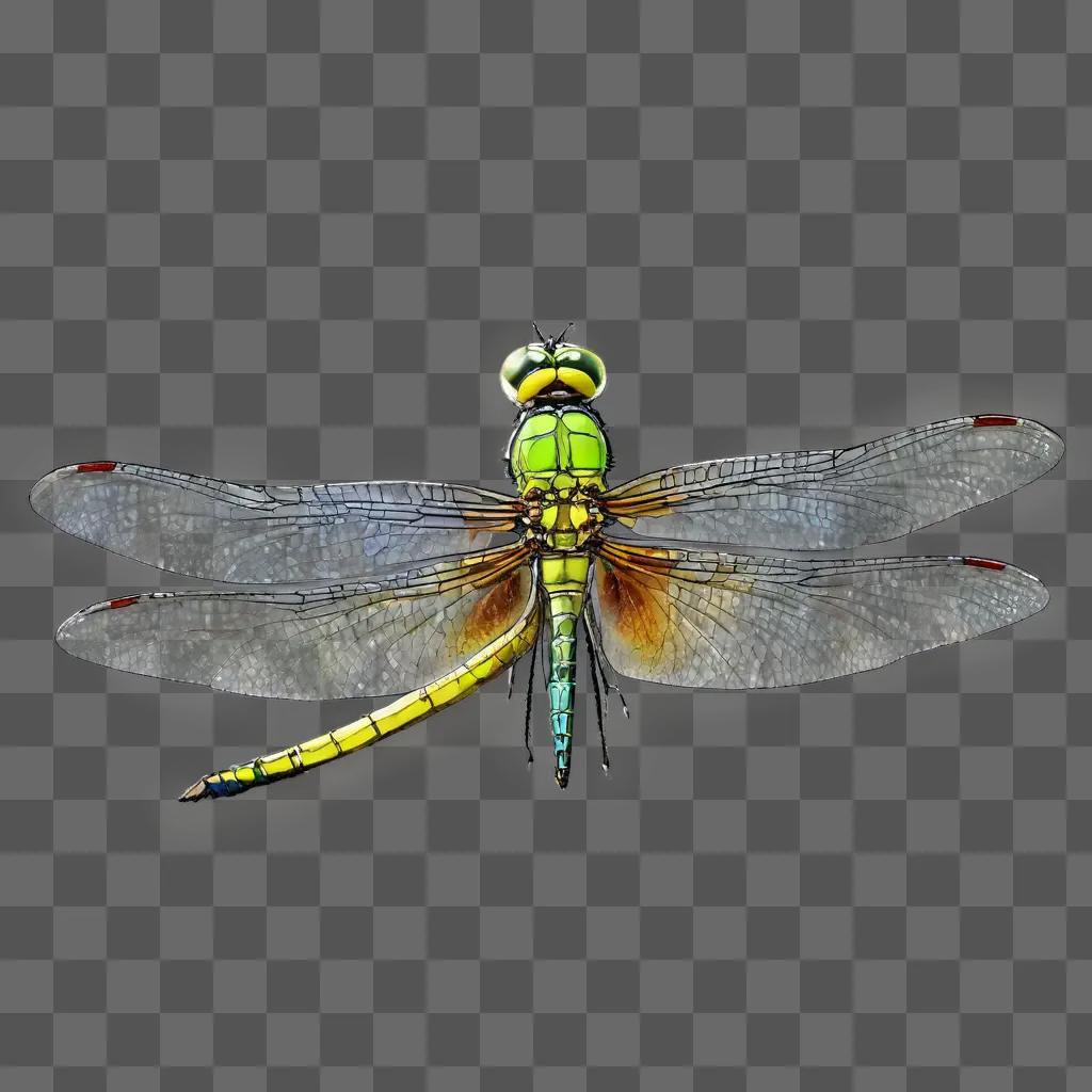 dragonfly drawing with colour A green and yellow dragonfly with red eyes