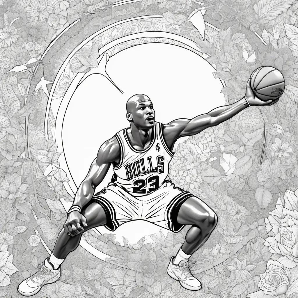 drawing of Michael Jordan playing basketball with a white background