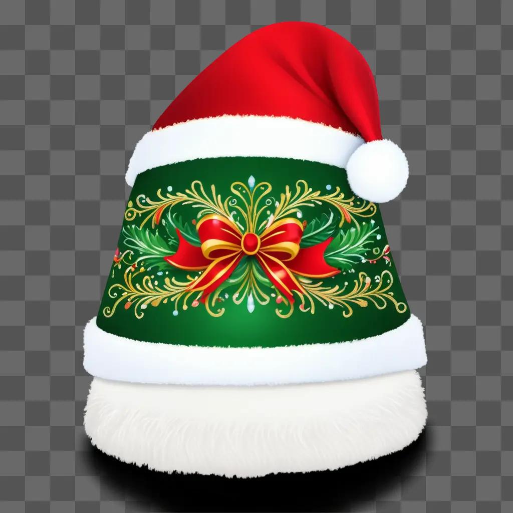 drawing of Santa hat with red bow and green color