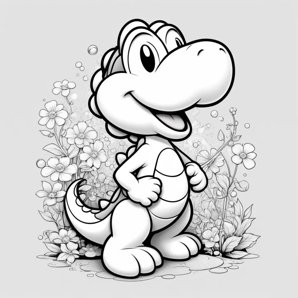 drawing of Yoshi with a flower field in the background