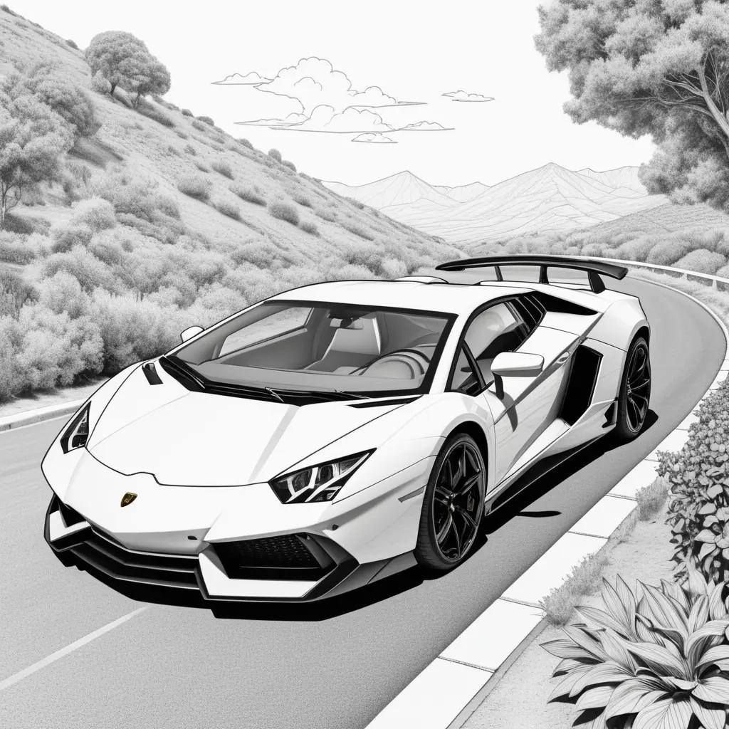 drawing of a Lamborghini sports car on a road