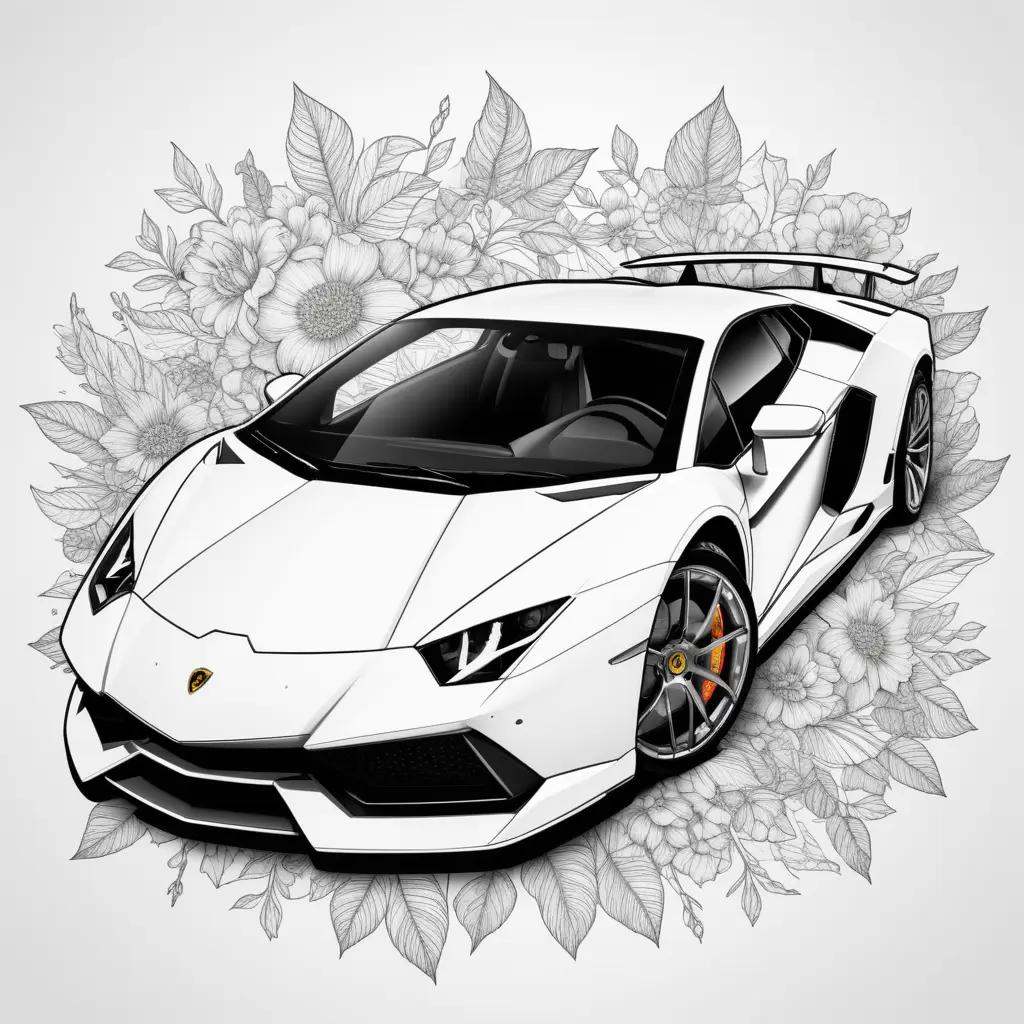 drawing of a Lamborghini with flowers around it