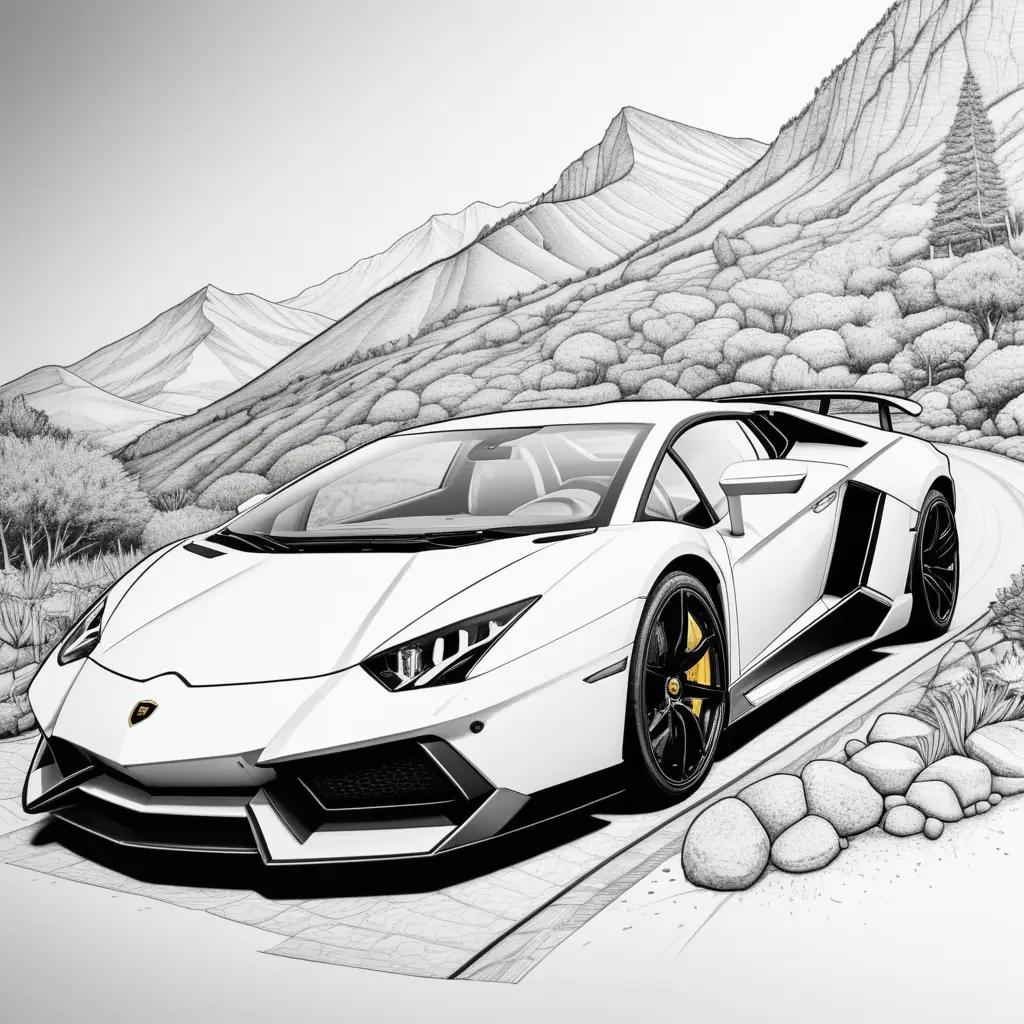 drawing of a Lamborghini with mountains and trees in the background