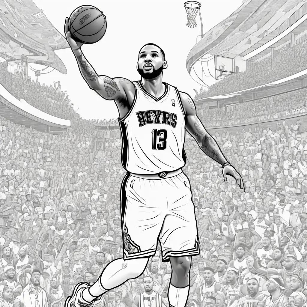 NBAの試合でバスケットボール選手を描いた絵