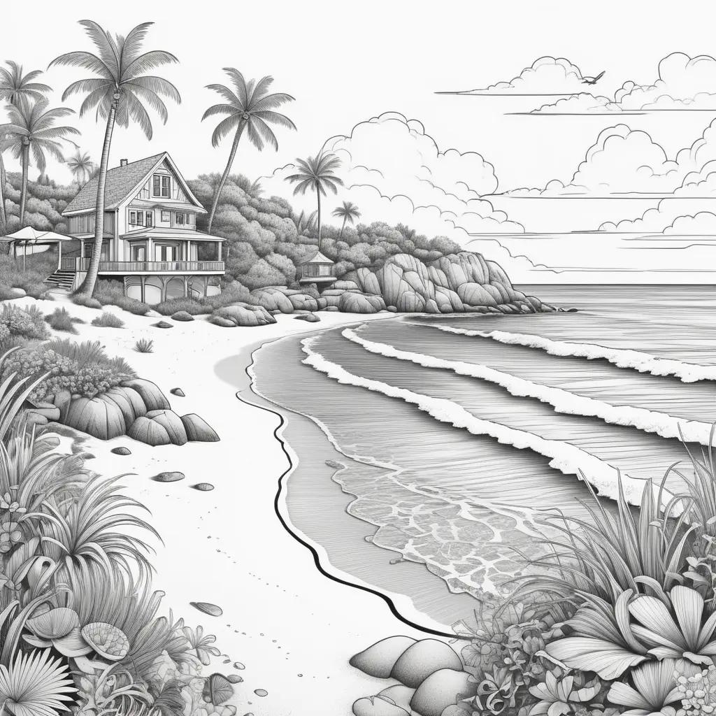 家とヤシの木のあるビーチシーンの描画