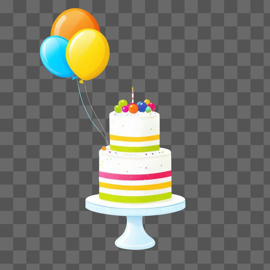 drawing of a birthday cake with colorful balloons