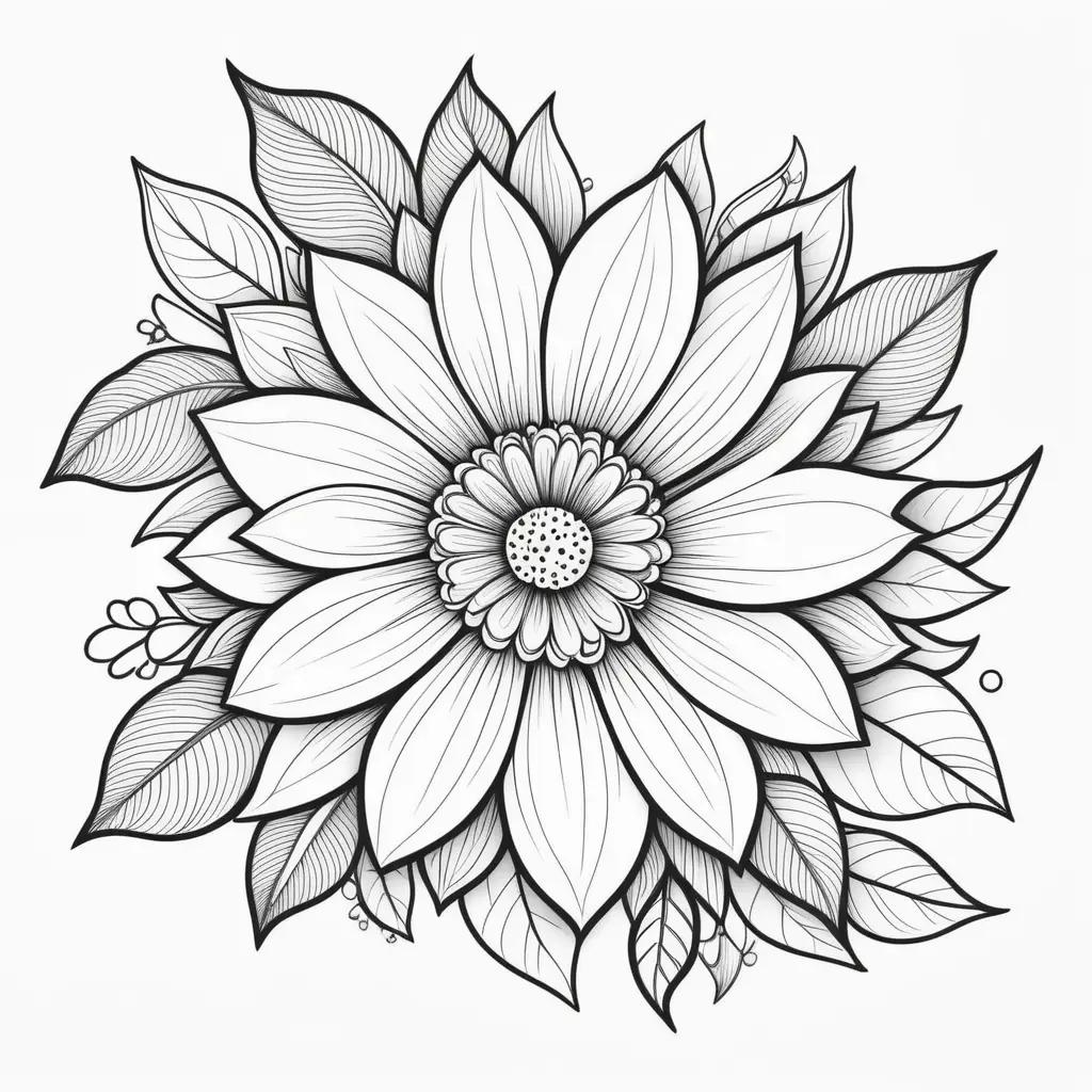 drawing of a black and white flower with leaves