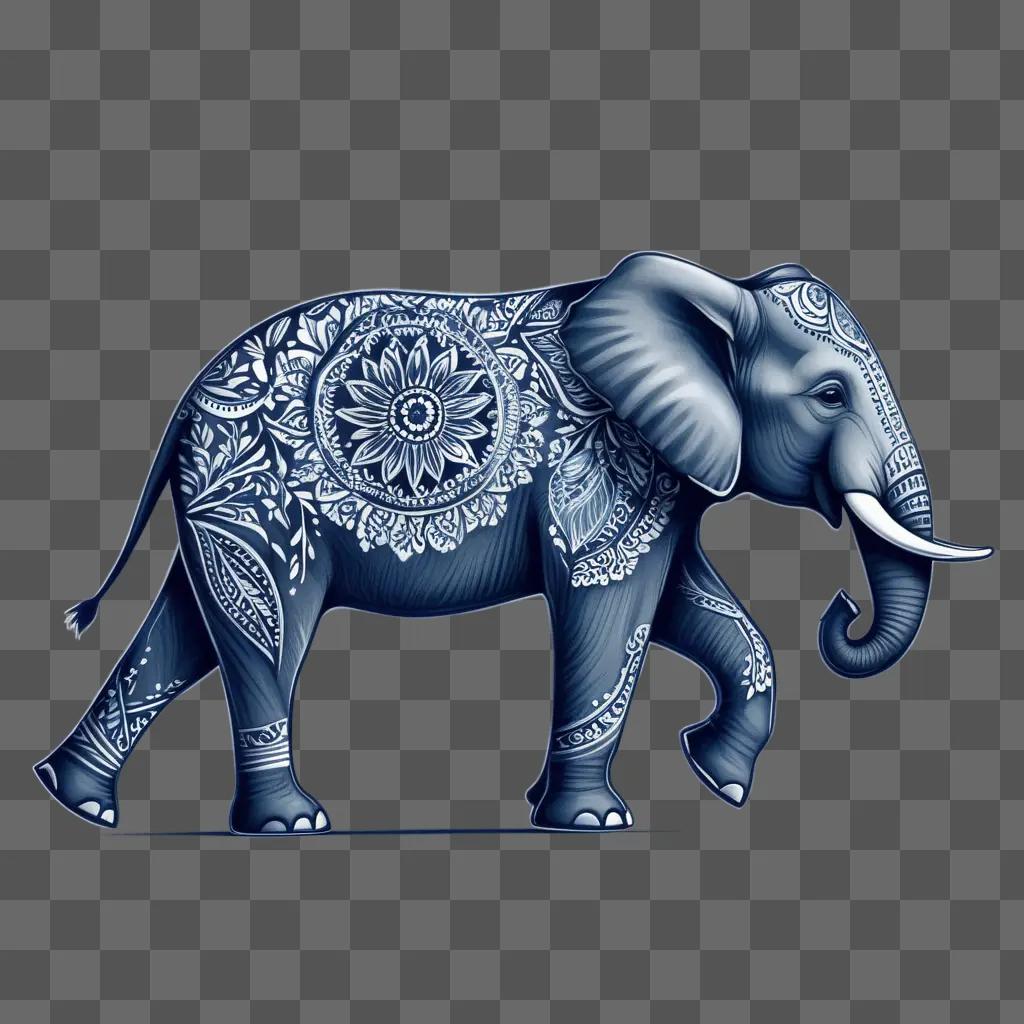 drawing of a blue coy elephant with white and gray details