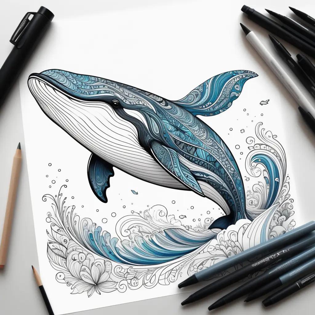 drawing of a blue whale with color pages in the background