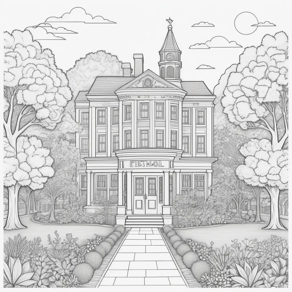 drawing of a building with a clock on the front and trees around it