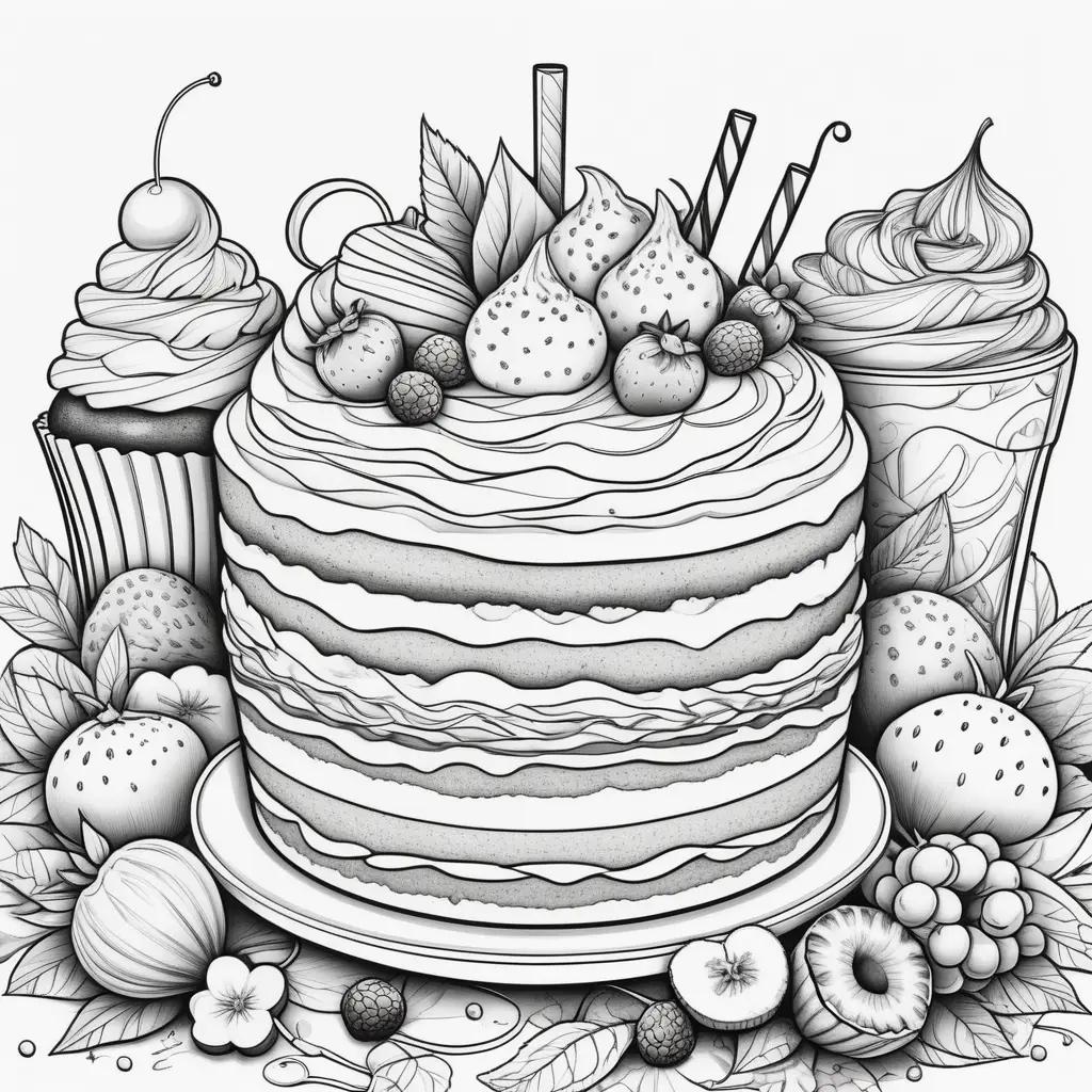 drawing of a cake and various desserts in a black and white coloring page