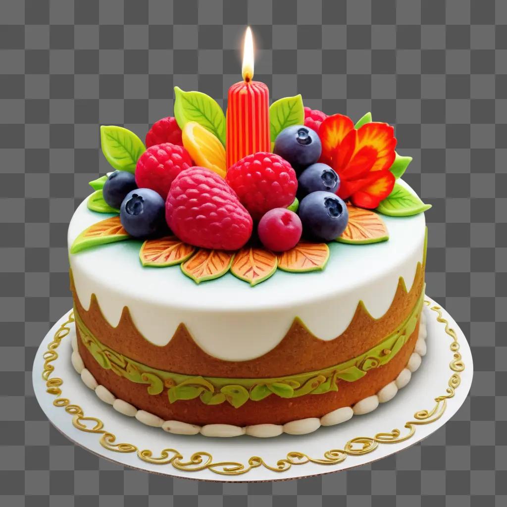 drawing of a cake with colorful fruit and candles