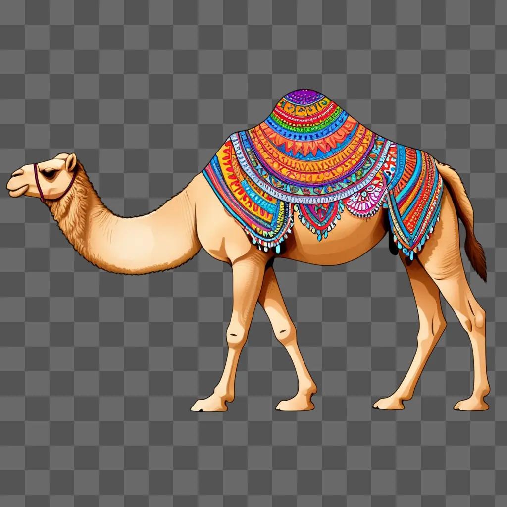 drawing of a camel with a colourful saddle