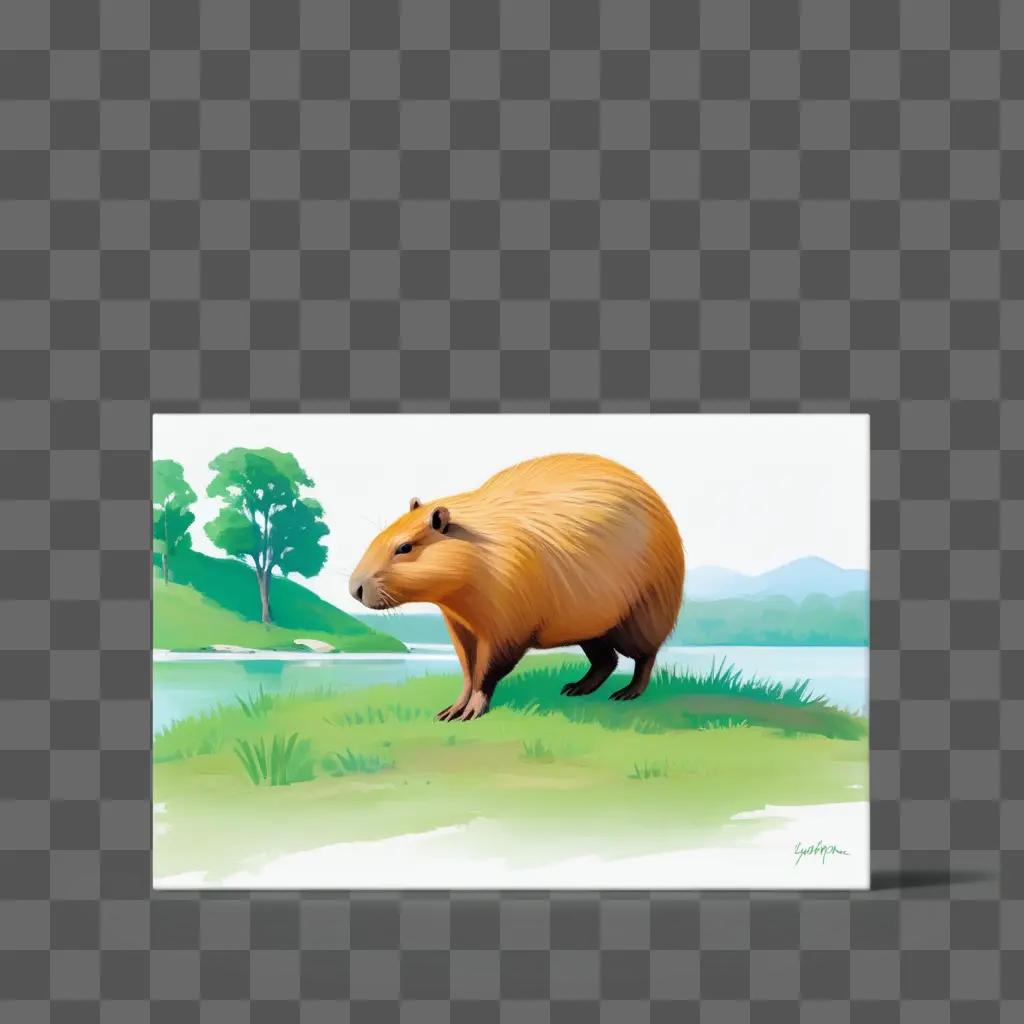 drawing of a capybara on a green background