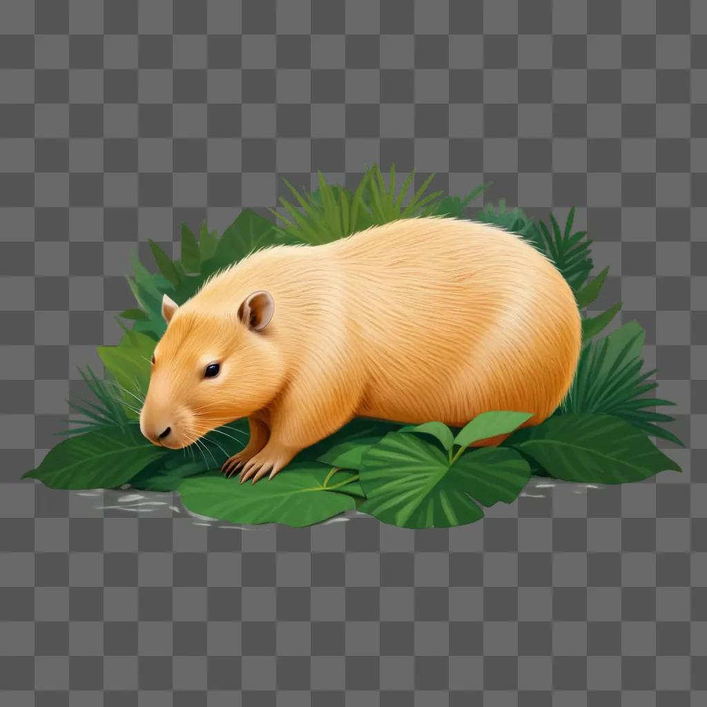 drawing of a capybara on green leaves