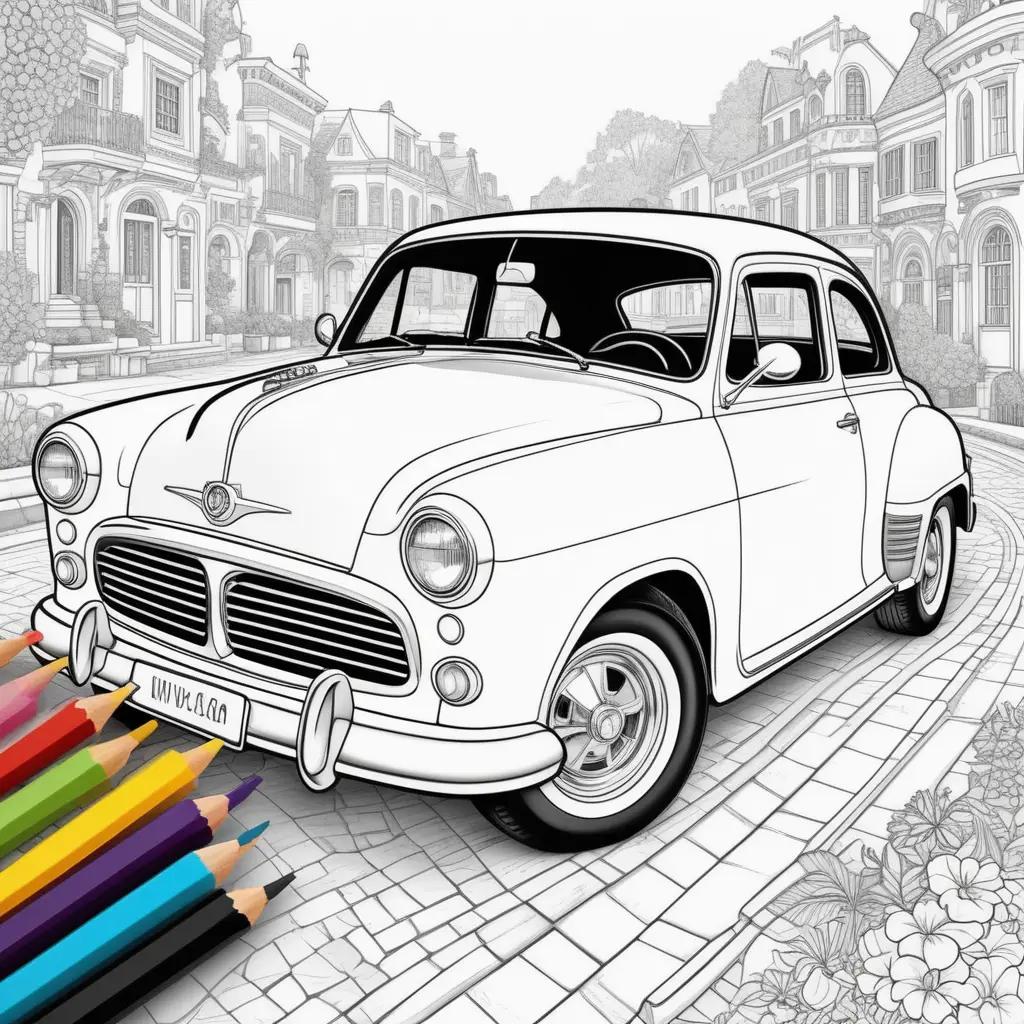 drawing of a car coloring page with various colored pencils