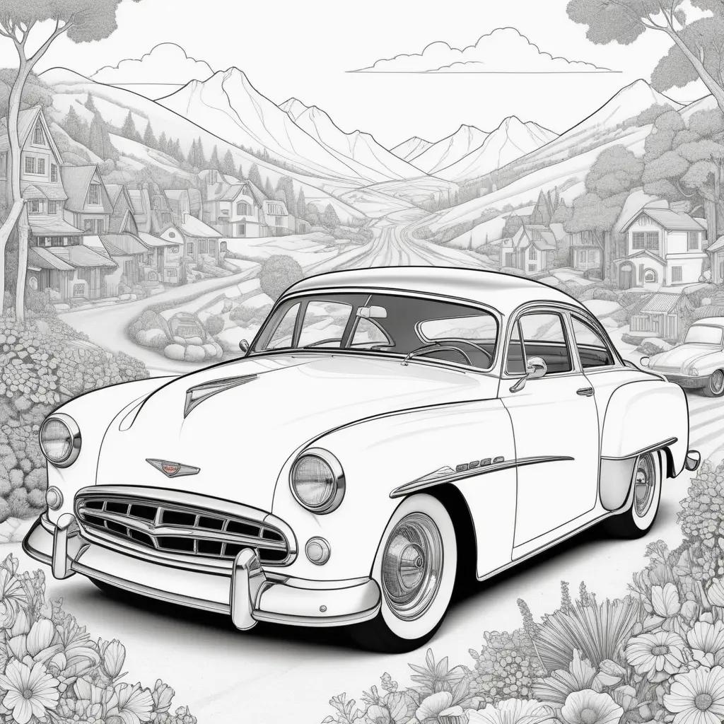 drawing of a car in a town on a coloring page