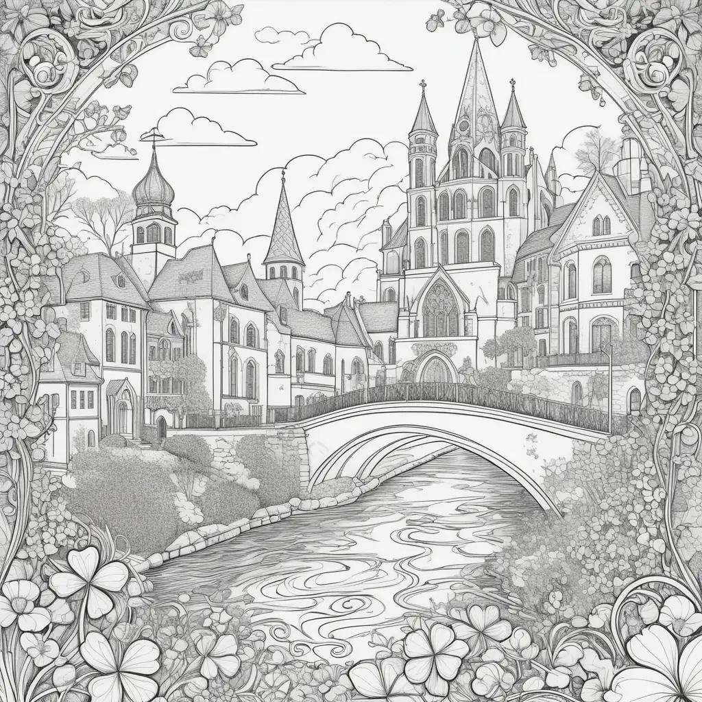 drawing of a castle and bridge on a river with flowers