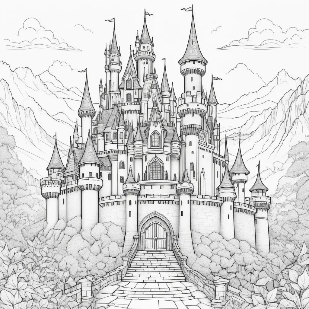 drawing of a castle coloring page with flags on top