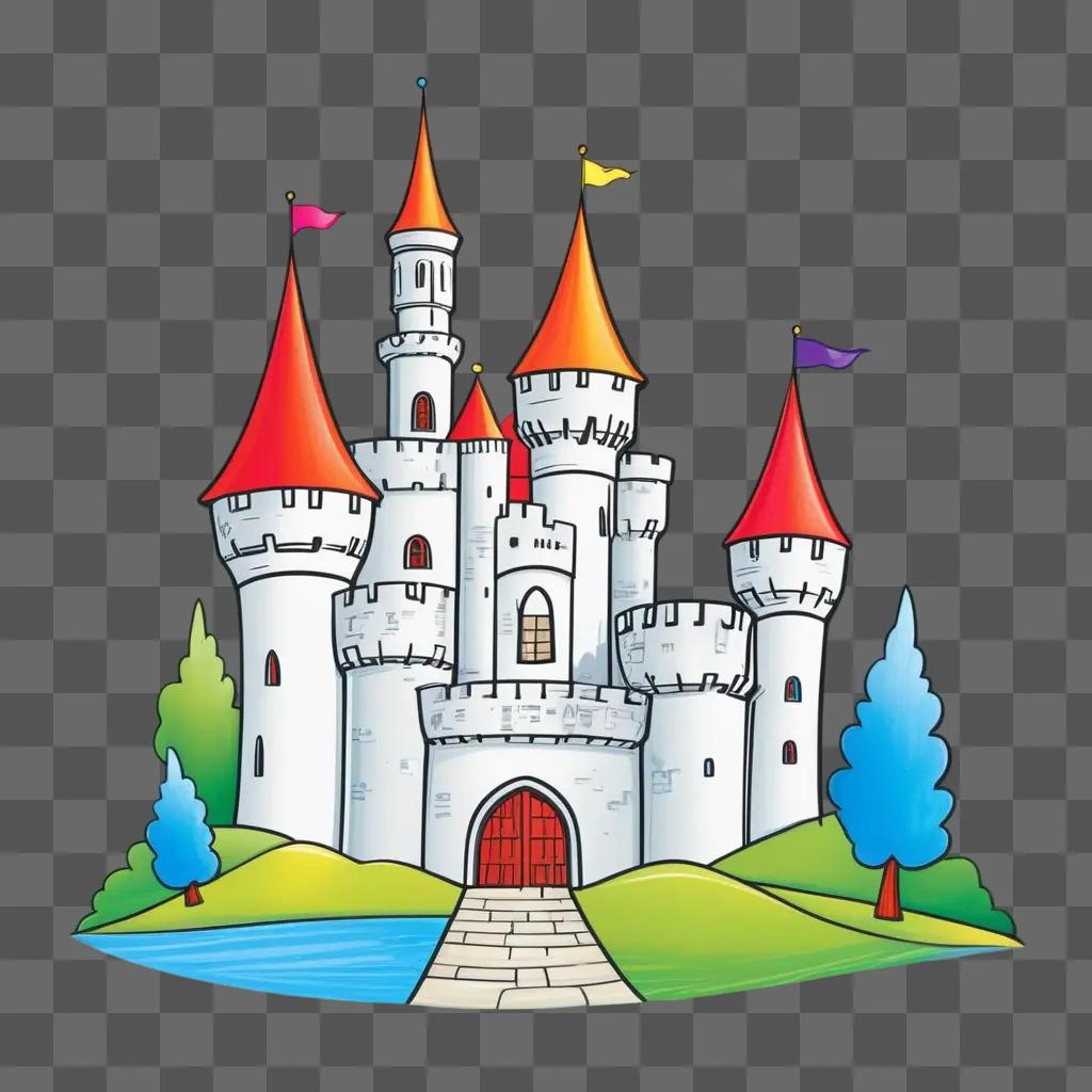 drawing of a castle for kids with red flags