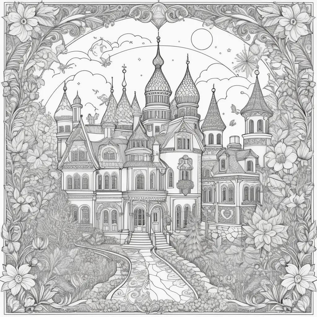 drawing of a castle in a garden with a sun and flowers in the background