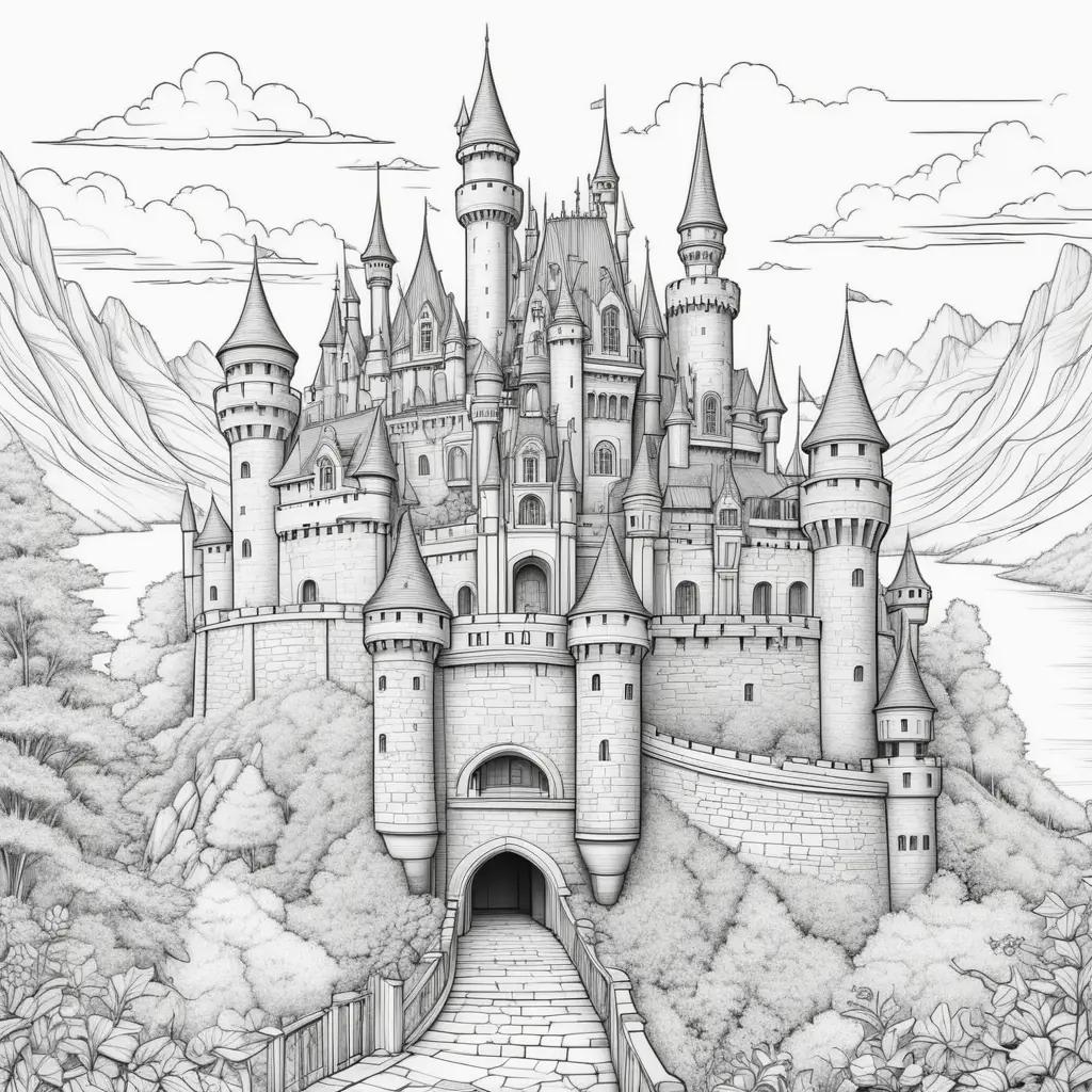 drawing of a castle with a castle coloring pages title