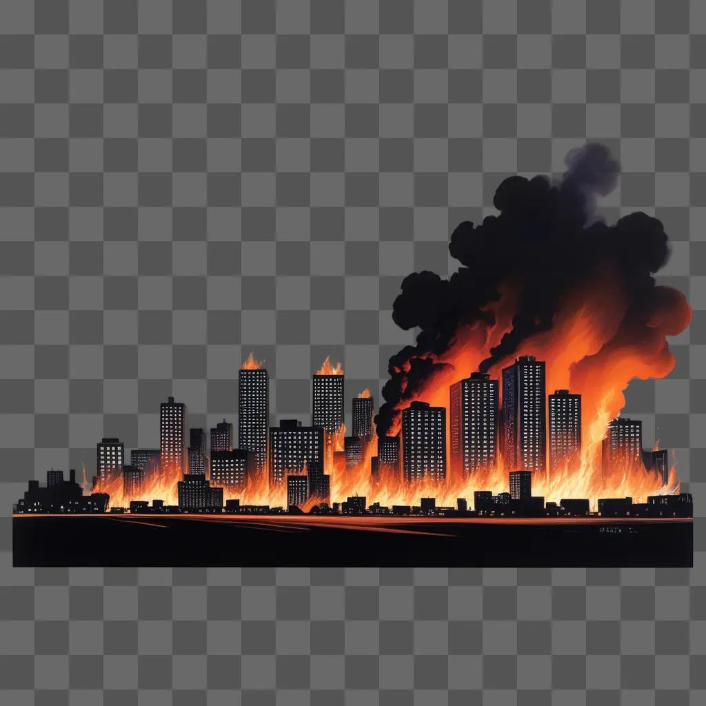 炎に包まれた都市の絵と火の側面図