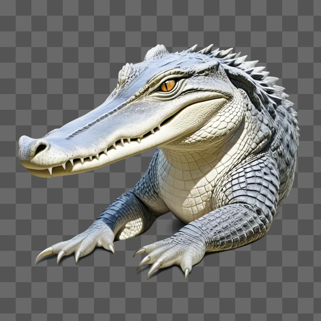 drawing of a coy alligator with orange eyes and orange teeth