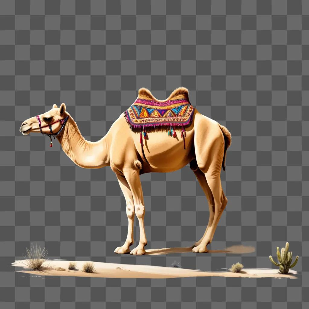 drawing of a coy camel with a colorful saddle