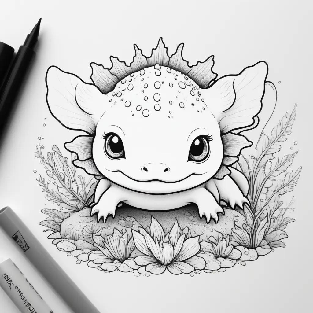 drawing of a cute axolotl in a flower garden