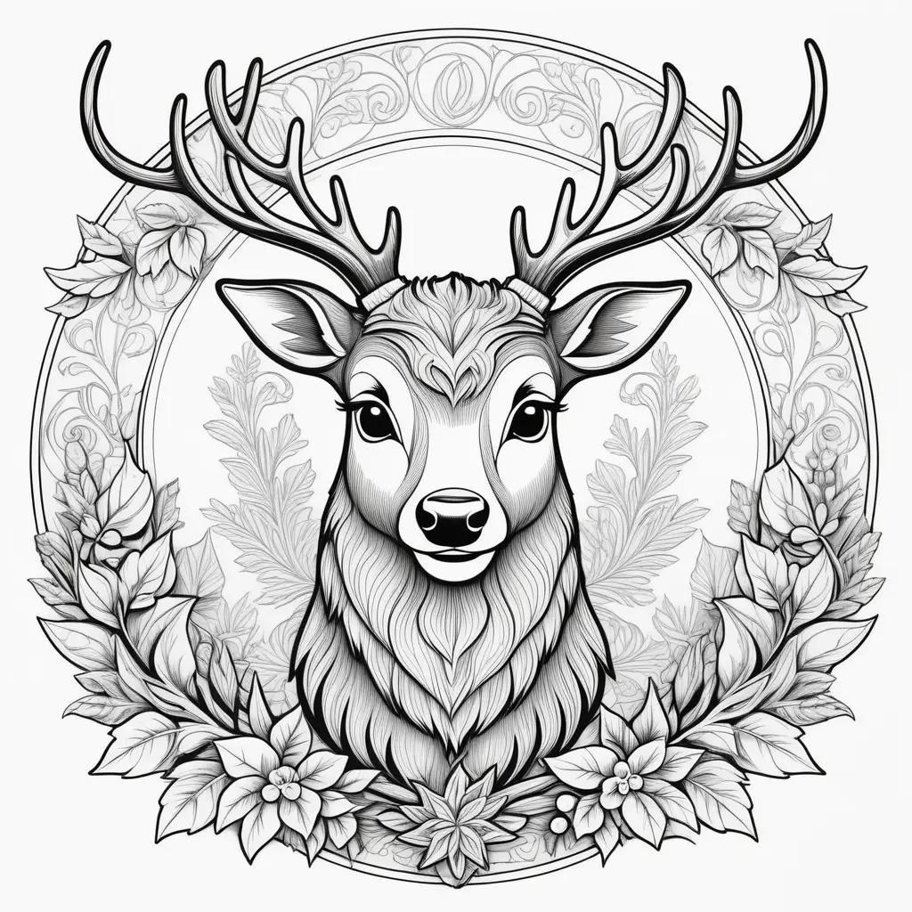 drawing of a deer with a wreath in the background