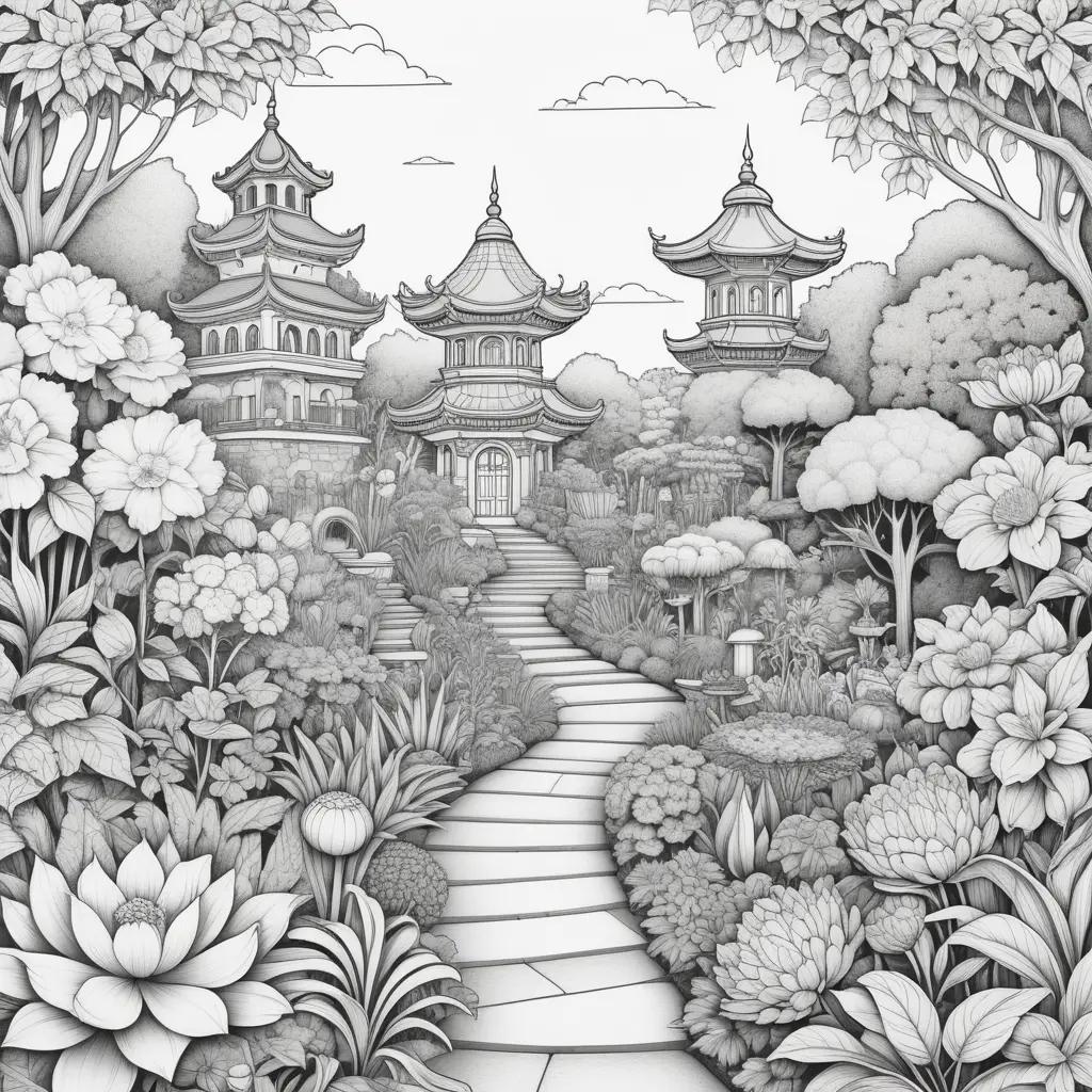 drawing of a garden with buildings and flowers