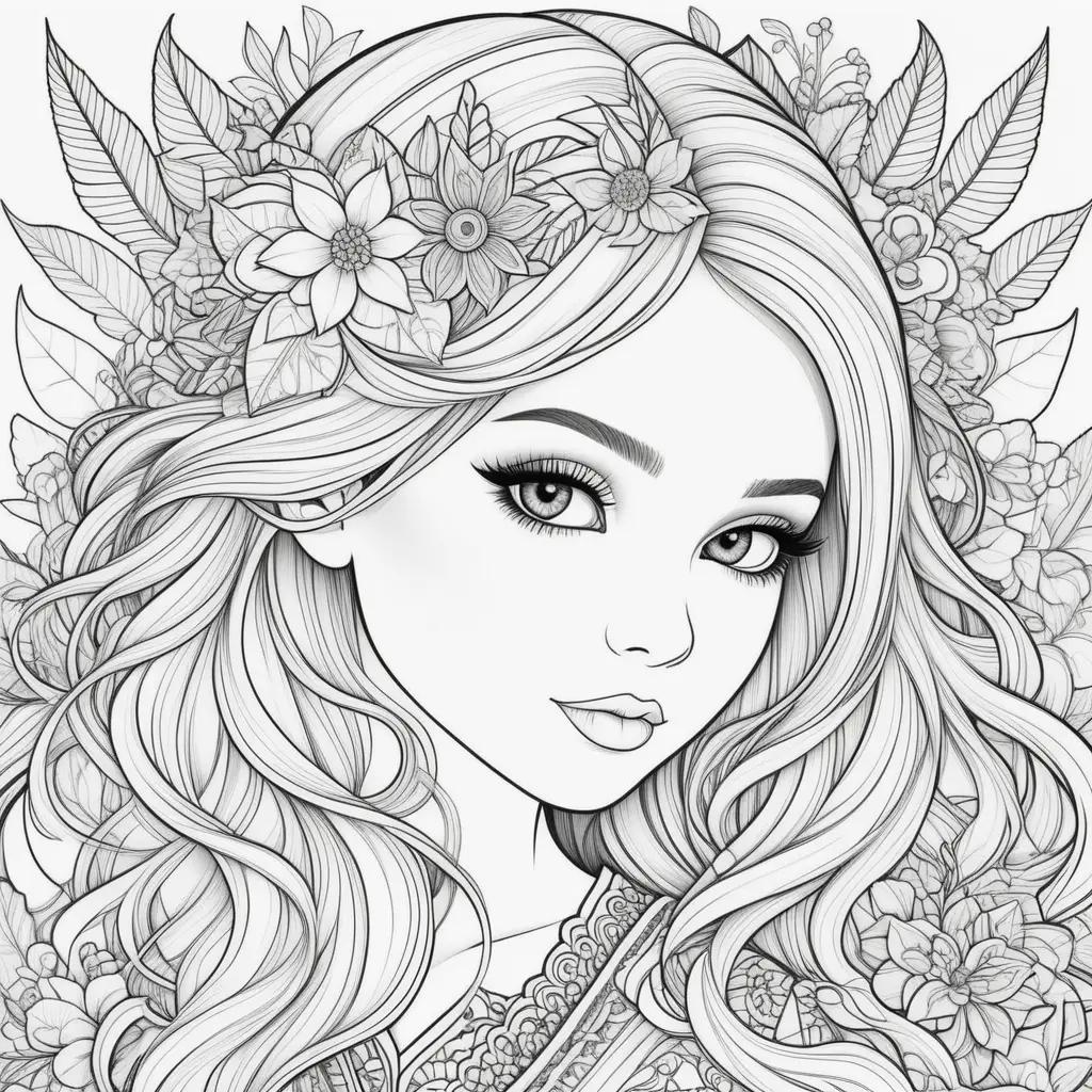 drawing of a girl with flowers in her hair, perfect for coloring pages for girls