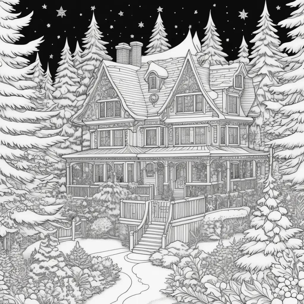 drawing of a house in a snowy landscape with stars