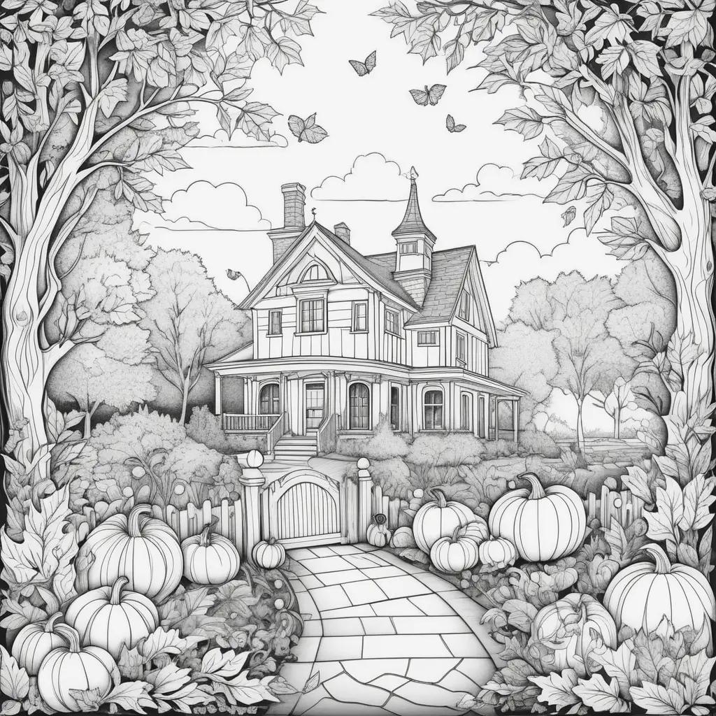 drawing of a house with pumpkins in a fall coloring page