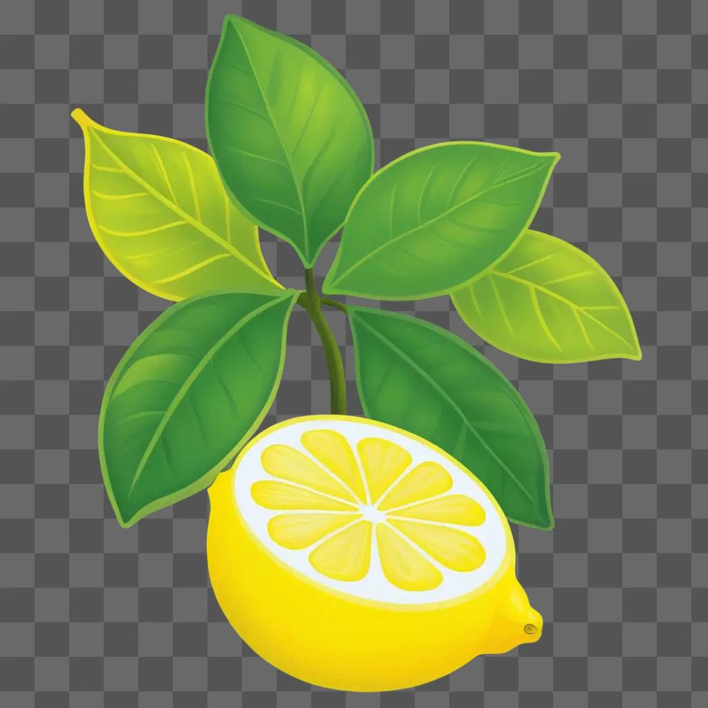 drawing of a lemon with green leaves and a slice of it