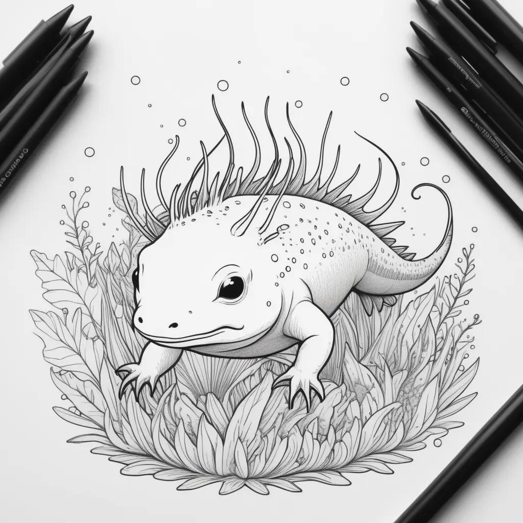 drawing of a lizard with an axolotl coloring page in the background